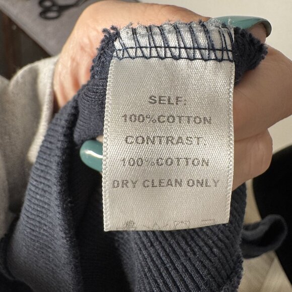 Aemi & Co Size L Frayed Colorblock Crew Neck Sweater Navy/Tan/White Cotton Blend - Picture 9 of 10